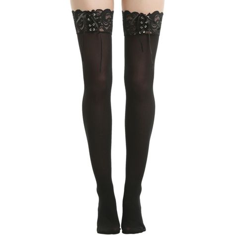 Hot Topic Blackheart Black Lace-Up Thigh Highs (220 MXN) ❤ liked on Polyvore featuring intimates, hosiery, tights, black, front lace up corset, corset stockings, lace corset, lace up thigh high stockings and lace tights Thigh High Socks Outfit, High Socks Outfits, Lace Ankle Socks, Thigh High Tights, Thigh High Sock, Corset Lacing, Lace Stockings, Lace Up Corset, Black Thigh High