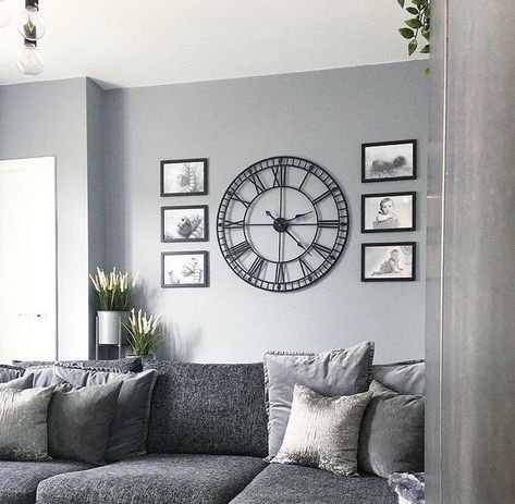 Melody Maison on Instagram: “Who doesn’t love a feature wall? This fabulous space is from the lovely home of @ourhome138_ 💕 We think our Large Black Iron Skeleton Wall…” Picture Wall With Clock In Middle, Large Clock Wall Decor Living Rooms Above Couch, Dining Room Clock Wall Decor, Feature Wall Living Room Paint, Big Clock Wall Decor, Farmhouse Clock Wall Decor Living Room, Large Clock Wall Decor Living Rooms, Living Room Wall Clock Decor Ideas, Gold Feature Wall