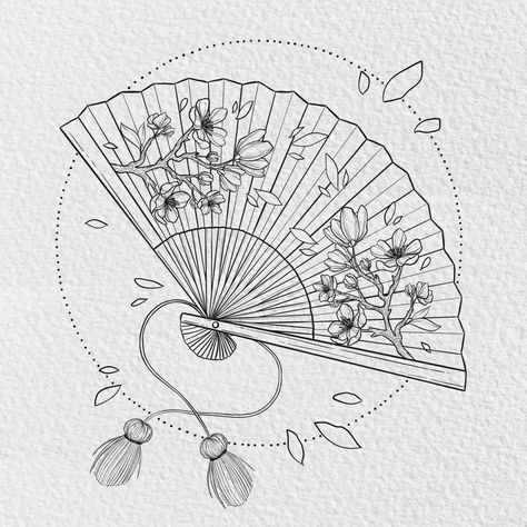 Chinese paper fan floral botanical tattoo design Nova Tattoo, Paper Hand Fans, Tattoo 2024, 12 Tattoos, Tattoo Coloring Book, Sakura Blossoms, Barefoot Dreams Blanket, Ugg Classic Mini Ii, Fan Tattoo