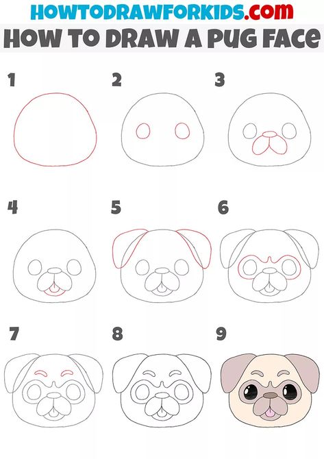 How to Draw a Pug Face - Easy Drawing Tutorial For Kids Pug Drawing Easy Step By Step, Simple Pug Drawing, How To Draw A Pug Step By Step, How To Draw A Pug, Pug Face Drawing, Pug Drawing Easy, Head Drawing Step By Step, Draw A Pug, Pug Kawaii