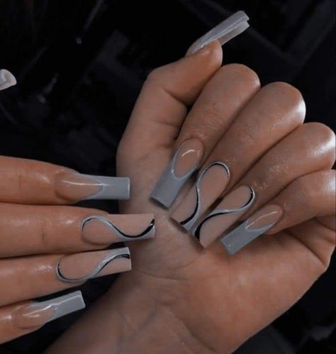 Grey French Tip Acrylic Nails, Black White And Grey Nails, Cute Grey Nails, Gray French Tip Nails, Grey French Nails, Dark Grey Nails, Gel Powder Nails, Ballerina Nails Designs, Swirl Nail