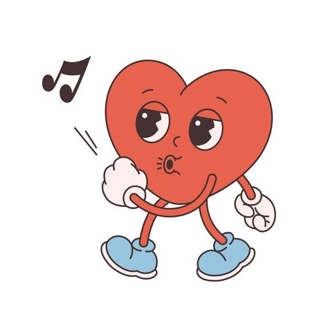 Retro Heart Cartoon, Heart Cartoon Character, Retro Illustration Character, Heart Character Illustration, Retro Cartoon Character Design, 1960s Cartoon Style, Cartoon Heart Tattoo, 90s Illustration Retro, 60s Cartoon Style