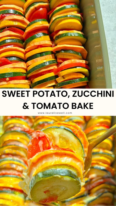 Sweet Potato, Zucchini, & Tomato Bake Tomato And Zucchini Recipes, Vegetable Side Dishes For A Crowd, Fancy Vegetable Side Dishes, Fancy Side Dishes, Tomato Onion Recipe, Zucchini Tomato Bake, Baked Veggies Recipes, Lasagna Side Dishes, Sweet Potato Zucchini