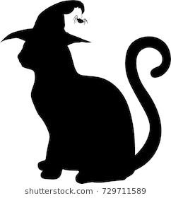 Halloween Black Cat Silhouette Printable, Halloween Sillouette Art Free, Halloween Cat Silhouette, Witch Template, Cat With Witch Hat, Cat Witch Hat, Black Cat Svg, Moldes Halloween, Katt Grejer