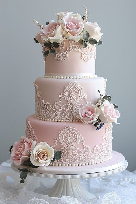 Pink Ruffle Cake, Pink Wedding Cakes, Square Wedding Cake, Quince Cakes, Baby Pink Wedding, Blush Wedding Cakes, Birthday Cake Decorating Ideas, Dusty Pink Weddings, Pearl Cake