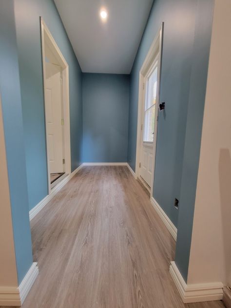 Blue Hallway, Corridor Lighting, Corner Fireplace, Blue Walls, Hallway, Entryway, Fireplace, Light Blue, Wall