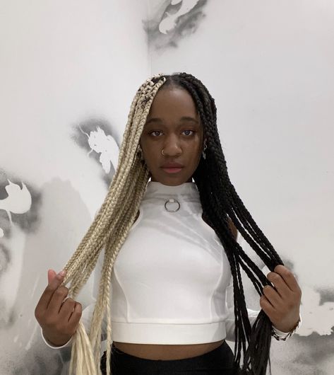 Split dyed box braids Split Dyed Hair Braids, Half Black Half Blonde Hair Box Braids, Box Braids Split Color, Half Colour Braids, Split Braids Color, Brown And White Box Braids, Split Hair Color Box Braids, Split Dyed Braids, Half Colored Box Braids