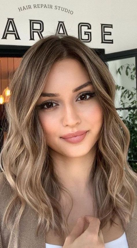 Haircut And Balayage, Soft Blond Balayage Brunettes, Soft Brown To Blonde Balayage, Creamy Brown Hair Balayage, Dark Blonde Balayage Curtain Bangs, Bronde Haircolor Bayalage, Dark Roots Light Ends Balayage Hair Color Ideas, Sand Hair Color Brunette, Soft Bayalage Blond