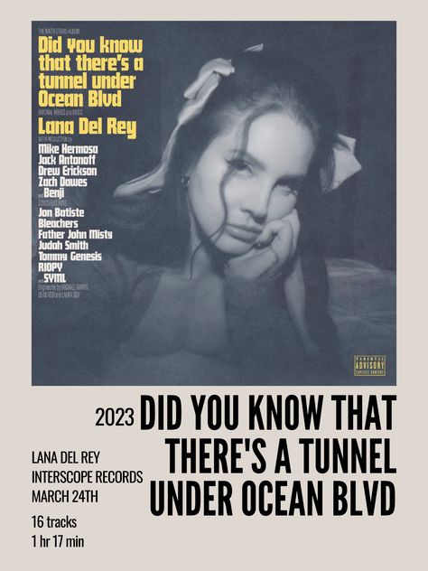 minimal aesthetic polaroid album poster for did you know that there's a tunnel under ocean blvd by lana del rey Tunnel Under Ocean Blvd, Under Ocean, Lana Del Rey Albums, Minimalist Music, Lana Del Rey Songs, Vintage Music Posters, Music Poster Ideas, Ocean Blvd, Music Poster Design