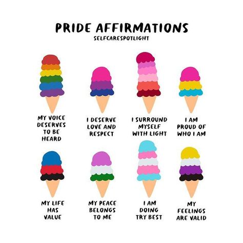 Photo shared by @selfcarespotlight on June 03, 2021 tagging @trevorproject, @pridetoronto, @prideinlondon, @fiertemontreal, @ukblackpride, @feminist, @lgbt, @lgbtq, @intersectionalitymatters, and @pride. May be an image of icecream, gelato and text that says 'PRIDE AFFIRMATIONS SELFCARESPOTLIGHT MY VOICE DESERVES τ�ο BE HEARD I DESERVE LOVE AND RESPECT SURROUND MYSELF WITH LIGHT AM PROUD OF WHO AM MY LIFE HAS VALUE MY PEACE BELONGS το ME AM DOING TRY BEST MY FEELINGS ARE VALID'. #Regram via @CPv Make Your Own Monster, Your Feelings Are Valid, List Of Affirmations, Pride Quotes, Deserve Love, My Peace, Happy Pride Month, Work Skills, Daily Affirmation