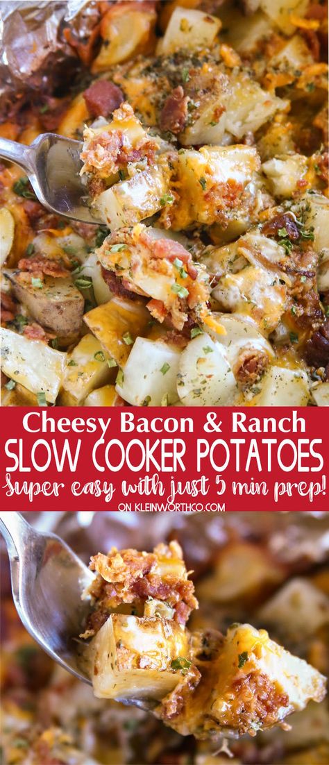 Cheesy Bacon Ranch Potatoes are a simple & easy to make slow cooker recipe. With just 5 minutes of prep, this cheesy potato goodness is great with dinner! Cheesy Bacon Ranch Potatoes, Potato Recipes Crockpot, Bacon Ranch Potatoes, Slow Cooker Potatoes, Ranch Potatoes, Crock Pot Potatoes, Crockpot Ideas, Cheesy Potato, Cheesy Bacon