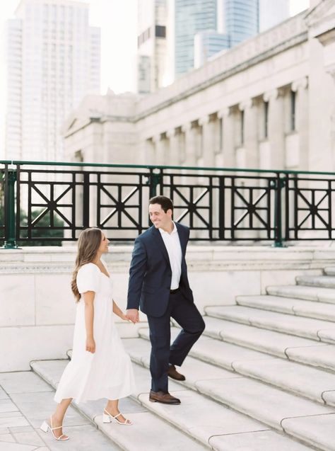 White Midi Dress Engagement Photos, Engagement Shoot Locations, Dressy Casual Engagement Photos, Engagement Photo Location Ideas, Formal Engagement Photos Garden, Engagement Pictures Outfits, Engagement Photoshoot Outfit, Dresses For Engagement Pictures, Engagement Photoshoot Chicago