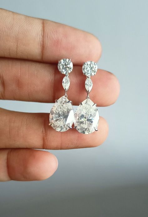 Multi Shape Moissanite Dangle Earrings Pear-Shaped Drop Earrings 925 Fine Silver Pear Shape Earrings, Ear Accessories, Earrings Dangling, Cut Earrings, Pear Cut Diamond, Gold Earrings Designs, Jewelry Lookbook, Diamond Drop Earrings, Pear Shaped Diamond