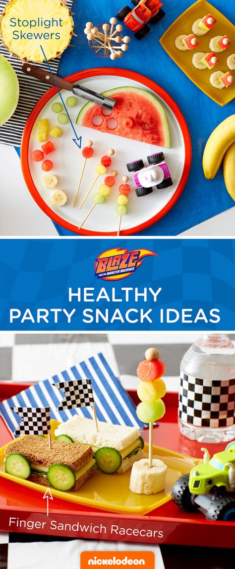 Try some healthy snacks as your Blaze and the Monster Machine birthday party fuel. These stop light snacks and racecar bites include fruits and veggies that the kids will dig. Monster Truck Birthday Party Ideas Food, Cars Birthday Party Food, Blaze Birthday Party, Birthday Party Food Ideas, Blaze Party, Blaze And The Monster Machines Party, Healthy Party Snacks, Blaze Birthday, Cars Birthday Party