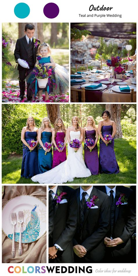 Black Groomsmen Attire, Purple Outdoor Wedding, Teal And Purple Wedding, Tropical Wedding Color Palette, Purple Teal Wedding, Bridesmaid Dresses Purple, Black Groomsmen, Navy Blue Wedding Theme, Wedding Teal