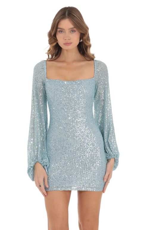 Shantelle Sequin Long Sleeve Dress in Blue | LUCY IN THE SKY Light Blue Hoco Dress, Long Sleeve Hoco Dress, Winter Dance Dresses, Eras Tour 1989, Sequin Long Sleeve Dress, Blue Sparkly Dress, Long Sleeve Homecoming Dresses, Hoco Dresses Long, Hoco Dresses Long Sleeve