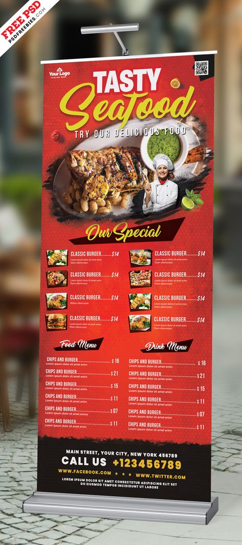 Outdoor Restaurant Food Menu Roll-up Banner PSD Resturant Menu, Rollup Design, Standing Banner Design, Tarpaulin Design, Roll Banner, Menu Card Design, Menu Layout, Roll Up Design, Food Banner