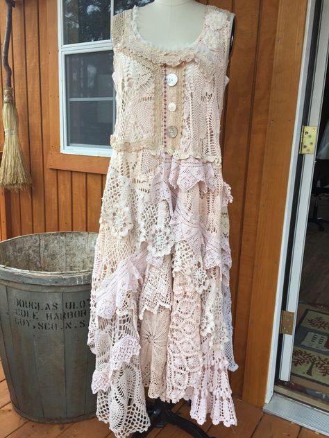 coming soon to etsy ....Luv Lucy Art To Wear...Vintage Charm Dress ... Shabby Chic Outfits, Shabby Chic Clothes, Chic Outfit Ideas, Altered Couture, Lace Outfit, Linens And Lace, Magnolia Pearl, Upcycled Fashion, Chic Outfit