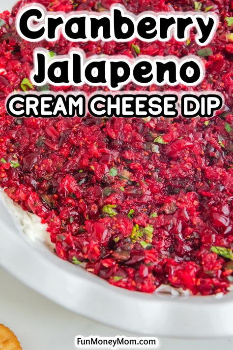 This festive Cranberry Jalapeno Cream Cheese Dip is a simple appetizer that's creamy, slightly tangy, and a bit sweet with a subtle kick of heat. It's perfect for adding a burst of flavor to your holiday gatherings. Cranberry Jalapeno Cream Cheese, Cranberry Jalapeno Cream Cheese Dip, Cranberry Jalapeno Dip, Cranberry Appetizer, Jalapeno Cream Cheese Dip, Jalapeno Cream Cheese, Holiday Appetizers Christmas, Cranberry Dip, Cranberry Jalapeño