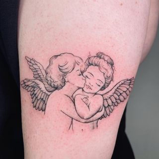 Angels Tattoo Designs, 3 Angels Tattoo, Angels Tattoo, Cupid Tattoo, 3 Angels, Kiss Tattoos, Wrist Tattoo Designs, Cherub Tattoo, Angel Tattoo Designs