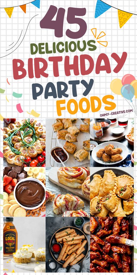 Looking to make your birthday celebration extra special? Check out these 45 delicious birthday party foods! Discover creative and easy-to-make options that will have everyone coming back for seconds. So gather your ingredients, follow our easy step-by-step guides, and get ready to host the ultimate birthday party menu. #BirthdayParty #PartyFoods #FoodIdeas #BirthdayPartyFoods #PartyPlanning Lunch Idea For Birthday Party, Food Recipes For Birthday Party, Foods To Serve At A Birthday Party, 2nd Birthday Party Food Ideas, Food Ideas For Kids Birthday Party, Easy Birthday Party Food For Kids, Birthday Party Dinner Food, Lunch Birthday Party Food, 21st Birthday Food