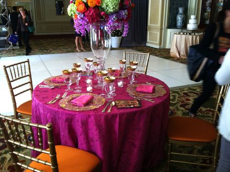 Hot Pink and Gold table scape Gold Table Scape, Hot Pink And Gold, Sequin Table, Round Tables, Table Scape, Gold Table, Inspo Board, Grad Party, Grad Parties