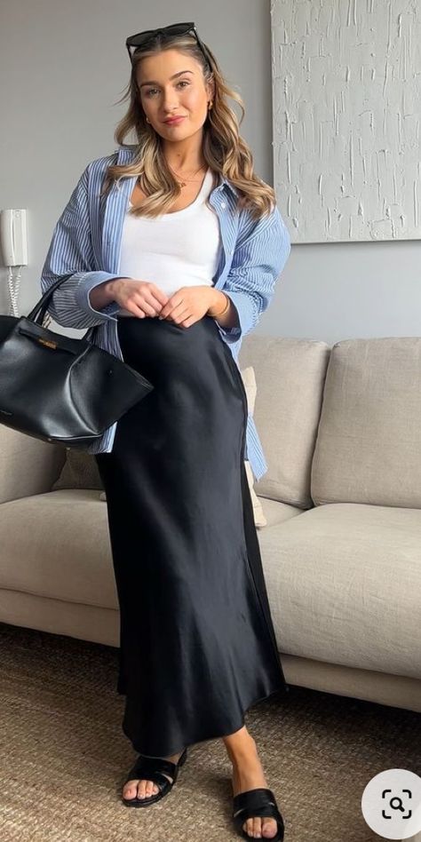 Satin Skirt With Button Down Shirt, Satin Skirt Outfit Casual Winter, Soft Natural Kibbe Outfit Edgy, Silk Dress With Long Sleeve Shirt Under, Casual Slip Skirt Outfit, Long Black Skirt Work Outfit, Satin Slip Skirt Outfit Summer, French Evening Outfit, Modest Classic Outfit