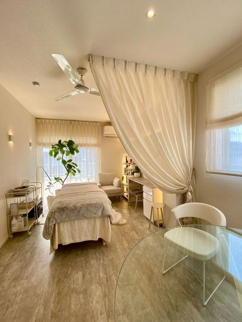 Powder Room With Makeup Vanity, Waxing Salon Suite Decor, Boho Chic Spa Room, Facial Room Storage, Decorate Massage Room, Home Base Lash Room, Home Clinic Ideas, Spa Decor Ideas Estheticians Boho, French Esthetician Room