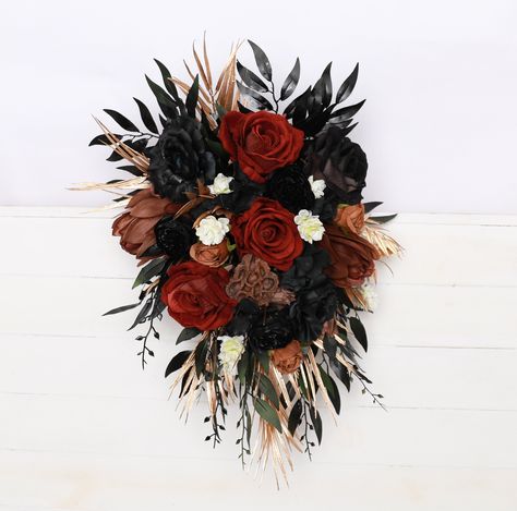 "Black rust gold brown wedding bouquet black rust gold terracotta bouquet gothic black rust gold bouquet black gold rust terracotta vampire wedding The photo shows a Bridal bouquet XL ( 29\"* 17\" ) The bouquet consists of fabric flowers. Bridesmaids bouquet: Approximate Length: 12\" Approximate width: 8\" Bridal bouquet: Approximate Length: 20\" Approximate width: 16\" The normal time of air delivery: ♥ -USA- 14-30 day ♥ -Europe- 12-20 day ♥ -Canada, Australia- 10-30 day Usually 10-17 business Rust Gold Wedding, Brown Wedding Bouquet, Copper Wedding Flowers, Wedding Bouquet Black, Terracotta Bouquet, Brown Wedding Themes, Gold Wedding Bouquets, Romantic Wedding Colors, Dark Wedding Theme