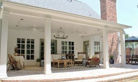 14 back porch with pillars with an outdoor living room - Shelterness Farmhouse Patio Doors, Cottage Patio, Porch Kits, Farmhouse Patio, Building A Porch, Porch Columns, Casa Patio, Casa Exterior, House With Porch