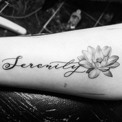 lotus tattoo with serenity wording; forearm Serenity Tattoo Ideas, Serenity Tattoo Symbol, Lotus Forearm Tattoo, Serenity Symbol, Tranquility Tattoo, Serenity Prayer Tattoo Design, Symbol Tattoo Ideas, Serenity Prayer Tattoo, Serenity Tattoo