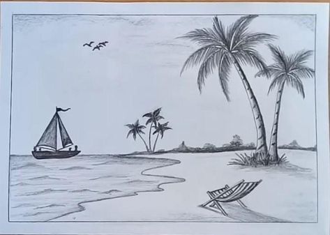 #pencildrawing #art #drawing #sketch #artist #pencil #artwork #pencilart Beach Sceans Drawing, Beach Seanery Drawing, Beach Sketches Pencil, Beach Seen Drawing, Pencil Beach Drawing, Draw Beach Easy, Beach Pictures Paintings, Drawing Ocean Easy, Beach And Mountain Drawing