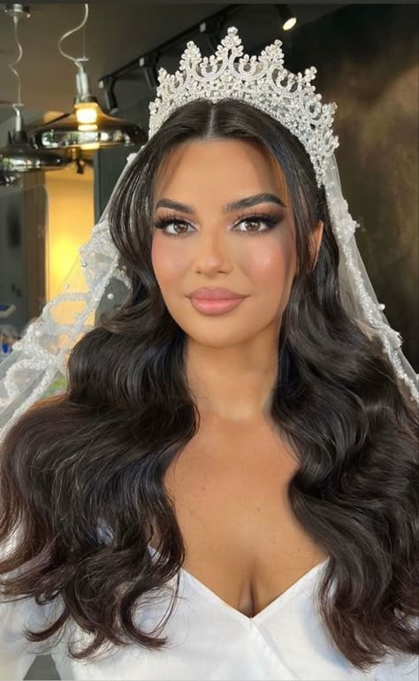 Middle Eastern Wedding Hairstyles, Veil With Tiara Hair Down, Bride With Crown And Veil, Bride Crown Hairstyle, Half Up Half Down Wedding Hair With Crown, Bride Hairstyle With Crown, Wedding Hairstyles For Bride With Tiara, Wedding Veil With Tiara, Diadem Hairstyle