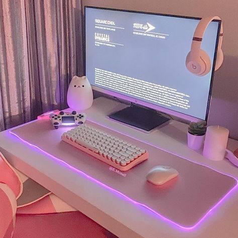 Simple Pc Setup Aesthetic, Pc Setup Simple, Cute Set Up Gaming, Room Setup Ideas, Playstation Setup, Setup Minimalist, Gaming Set Up, Cute Gaming Setup, Games Room Inspiration