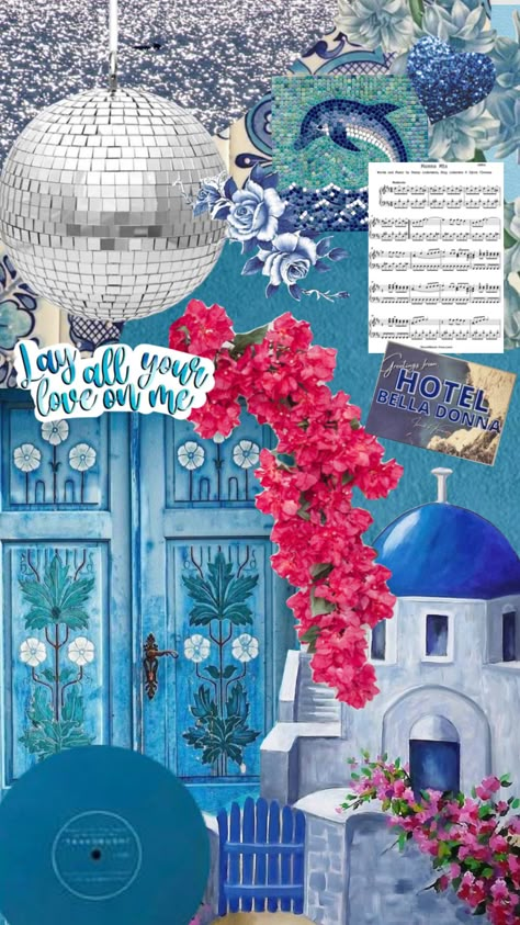 Greek Mamma Mia Aesthetic, Mamma Mia Colour Palette, Mamma Mia Themed Bedroom, Mama Mia Aesthetic Wallpaper, Greece Scrapbook, Ocean Branding, Abba Aesthetic, Abba Music, Greece Girl