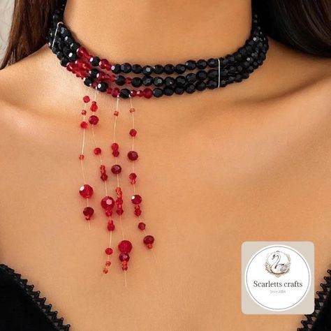 ❤️Gothic MultiLayered Black Crystal Bead Handcrafted Choker Necklace with Red Tassel Pendant🖤 - What Will You Receive? - 1 x Necklace 🖤 🚚FREE DELIVERY ✅ 24 HOUR RESPONSE TIMES 💍BEAUTIFULLY CRAFTED - Description & Materials - Style: Gothic Material - Faux pearl and Crystal ✨ Dimensions📏: 30cm + 7cm circumference Pendant length 📏:12cm Weight ⚖️: 24.8g - About Us - Here at Scarletts Crafts, with over 20 years of experience, we pour our heart and soul into creating jewellery that enhances your Choker Jewellery, Red Choker, Cosplay Jewelry, Style Gothic, Jewelry Choker, Halloween Women, Halloween Cosplay, Black Crystals, Multi Layering