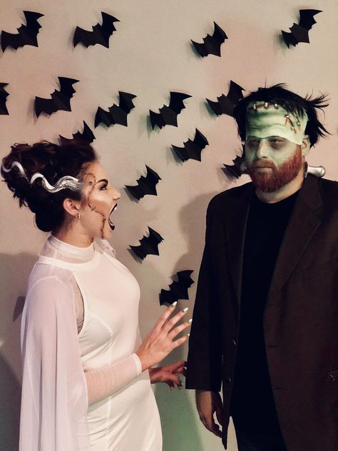 Frankenstein Inspired Outfit, Frankenstine And Bride, Frankenstein Wife Costume, Frankenstein And Wife Costume, Frankenstein Couple Costume, Frankenstein And Bride Costume, Diy Frankenstein Costume, Bride Of Frankenstein Hair, Frankenstein Wife