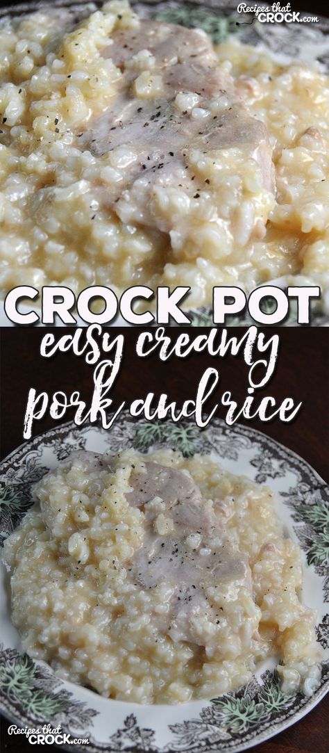 If you are looking for some delicious comfort food that is super easy to throw together, you are gonna love this Easy Crock Pot Creamy Pork and Rice recipe! Pork And Rice Recipes, Crock Pot Easy, Rice In Crockpot, Pork And Rice, Pork Chop Recipes Crockpot, Crockpot Pork Chops, Crockpot Pork, Easy Pork, Slow Cooker Pork