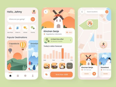 Travel App Exploration by Paperpillar on Dribbble Travel App Color Palette, Travel Ui Design Mobile App, Modern App Design, Travel App Design, Application Ui Design, Trip Planner App, App Map, App Design Layout, Travel Apps