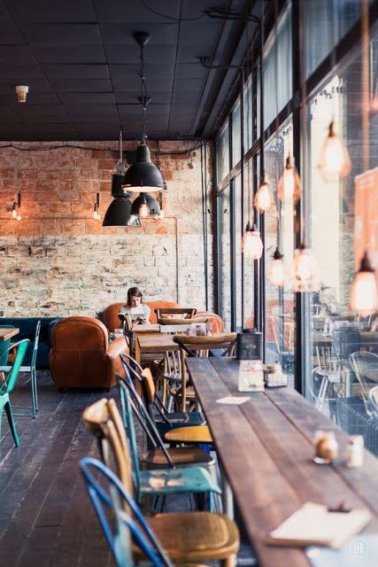 Cafe Design research - Bar style seating Rustic Coffee Shop, Kaffe Bar, Bar Deco, Café Design, Cozy Coffee Shop, Moon Book, Coffee Shops Interior, Industrial Bar, 카페 인테리어 디자인