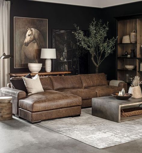 Masculine Country Living Room, Brown Leather Couch Living Room Ideas, Brown Leather Sofa Living Room Decor, Mens Home Decor Masculine Interior, Dark Leather Couch Living Room, Modern Masculine Living Room, Brown Couch Living Room Ideas, Man Living Room, Leather Sectional Living Room