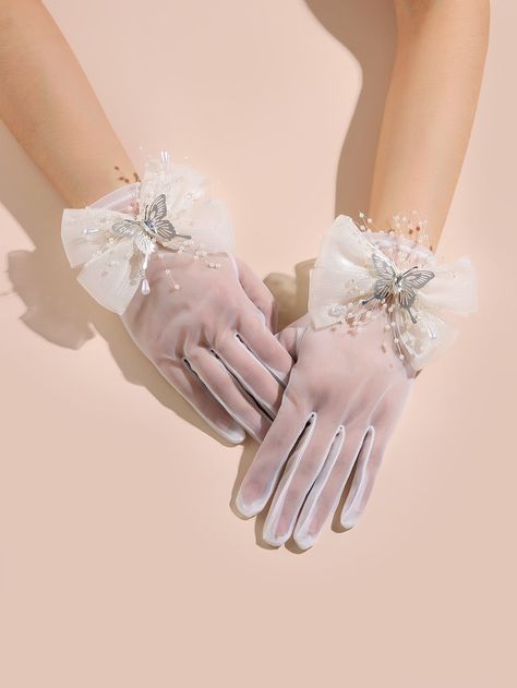 White    Polyester Plain  Embellished   Weddings & Events Princess Gloves, Elegant Gloves, Wedding Dress Cake, Pearl Butterfly, Butterfly Decor, Bridal Gloves, White Princess, Glamour Dress, Butterfly Decorations