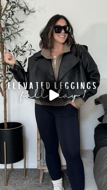 Nina Caviggiola • momhood & midsize style on Instagram: "Leggings inspire me. Comment “love leggings” and I’ll DM ya sizing and links to all.   This is the perfect fall outfit. I personally shopped my own closet and didn’t buy anything new for the look. I bet you can find leggings a sweatshirt and jacket in your closet too! (My leather jacket trick is to size up)   Socks are @717label and are phenomenal   Easy chic mom style, chic fall style, early fall outfit, midsize fall fashion, midsize fall outfit, leggings outfit, cozy outfit, mom outfit, millennial fashion." Fall Outfit Leggings, Fall Outfit Midsize, Chic Mom Style, Socks Over Leggings Outfit, Fall Fashion Midsize, Socks Over Leggings, Midsize Fall Fashion, Chic Fall Style, Chic Mom Outfits