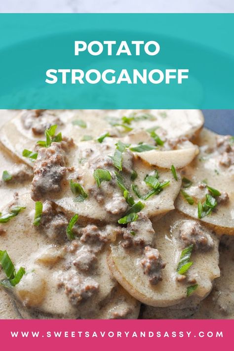 Pinterest pin for Potato Stroganoff recipe. Closeup photo of potato stroganoff served on a plate.