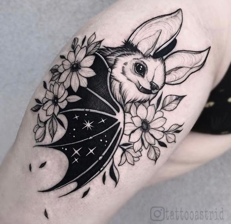 Bats And Flowers Tattoo, Fox Bat Tattoo, Witchy Bat Tattoo, Bat Tattoo Forearm, Kawaii Bat Tattoo, Bat With Flowers Tattoo, Halloween Sternum Tattoo, Whimsigothic Tattoo, Floral Bat Tattoo