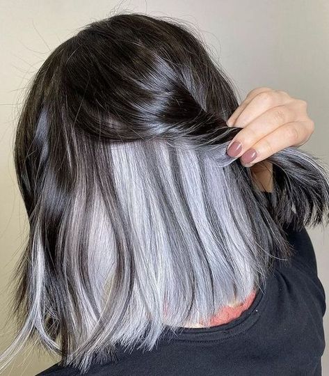 Hunt Or Dye on Instagram: "When you can't decide between two hair colours, why not do both? 😃 📸 - @ans0403 Shop our range of silver/black hair dyes at Hunt Or Dye and become a beautiful. peppered silver fox. 😉 #silverfox #greyhair #blackhair #splitdyehair #newhair #hairstyles #trendyhair #hairtrends #Hairofintagram #instahair # newhair #haircolor #colouredhair" Under Hair Dye, Under Hair Color, Hair Dyed Underneath, Hidden Hair Color, Peekaboo Hair Colors, Hair Dye Tips, White Hair Color, Hair Color Underneath, Peekaboo Hair