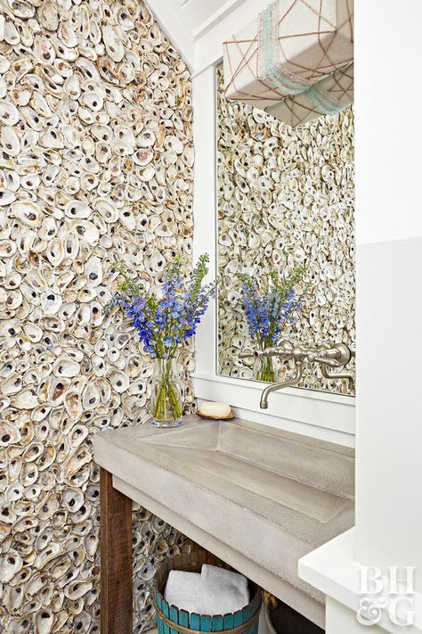 Coastal Renovation, Diy Oyster Shell, Bahama House, Beautiful Beach Houses, California Life, Beach House Bathroom, Florida Beach House, Shell Ideas, Oyster Shell Crafts