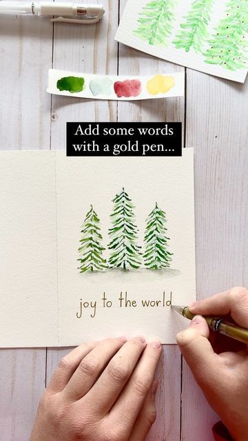 Heidi on Instagram: "Here’s a simple Christmas card idea! The best part is when you add white to the trees to make it look snowy ❄️ 🎨🖌️ Supplies used: watercolor paint, Canson watercolor paper, Sakura Koi waterbrush, Uniball Signo gel pens in white and gold I lightly penciled in 3 lines for where the trees would go and a guideline for the writing and erased them afterward. Will you try this? Tag me if you do; I’d love to see! . . . #diychristmascards #christmasactivities #watercolorchristmas #christmascardideas" Simple Christmas Watercolor Ideas, Watercolor Christmas Cards Diy, A Simple Christmas, Christmas Card Art, Watercolor Christmas Cards, Diy Christmas Cards, Pen And Watercolor, Watercolour Tutorials, Joy To The World