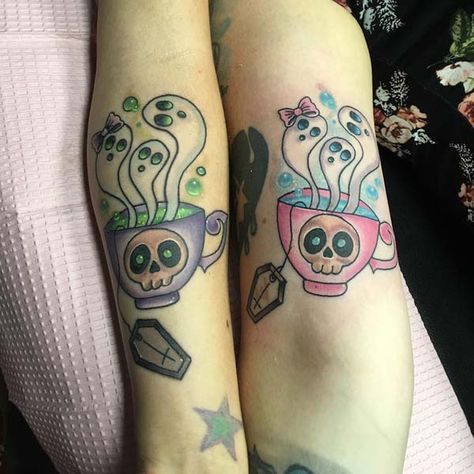 This Tattoo Features a Cup of Tea With Ghosts Pouring Out the Side #Halloween #tattoos #trendypins Unique Tattoos Black Women, Father Daughter Tattoos, Pumpkin Tattoo, Christmas Tattoo, Witch Tattoo, Theme Tattoo, Bff Tattoos, Spooky Tattoos, Best Friend Tattoos