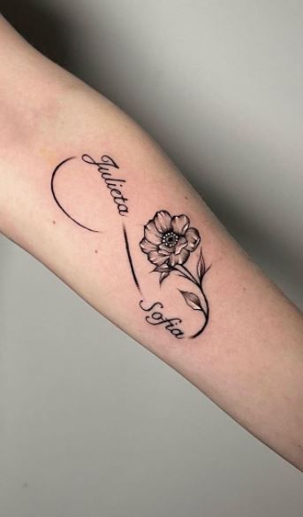 Sister Infinity Tattoo Ideas, Rip Infinity Tattoo In Memory Of, Infinity Tattoo With Sunflower, Infinity Names Tattoos, Infinity Tattoo With Lily, Infinity Rose Tattoo Design, Flower With Infinity Tattoo, Infinity Sign Tattoo With Names, Infinity Link Tattoo